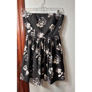 Forever 21 Womens Strapless Rose Floral Mini Dress Black White Smocked Back S